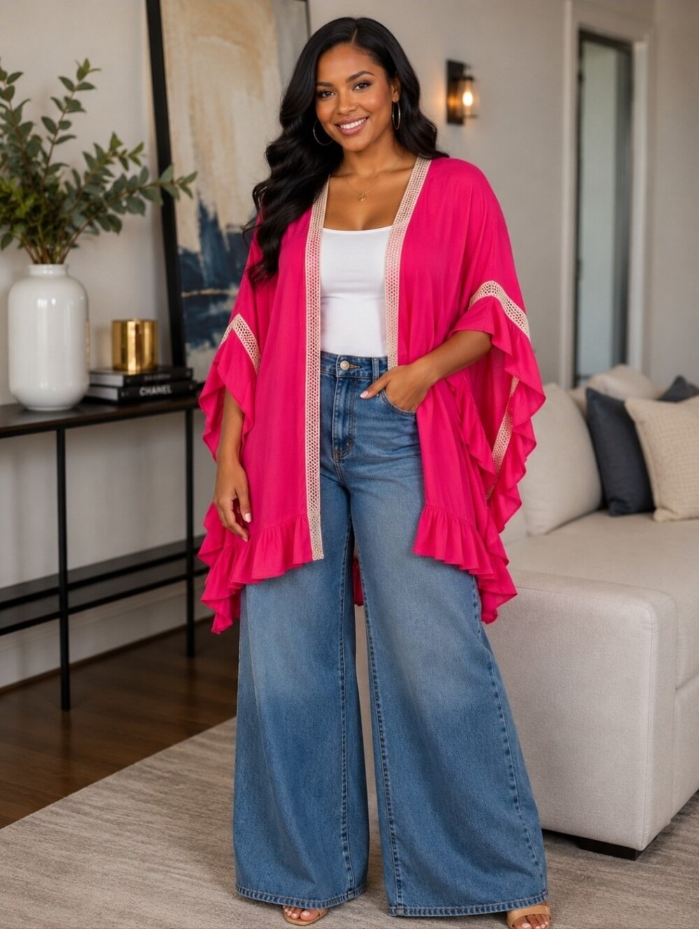 NEW!! Umgee Bright Fuchsia Ruffle Kimono With Crochet Accents, NWT